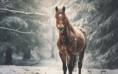 cavalo em cenário de inverno com neve  - obrazy, fototapety, plakaty