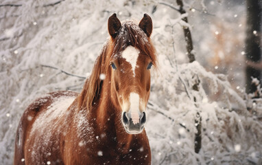 cavalo em cenário de inverno com neve 