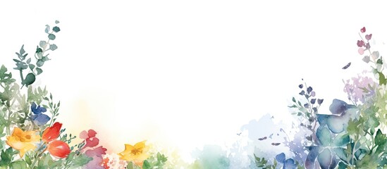 In a vintage-inspired fashion illustration, a colorful watercolor background frames a spring scene with vibrant flowers and leaves painted in a whimsical silhouette style, creating a beautiful border - obrazy, fototapety, plakaty
