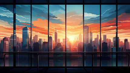 Panoramic view of modern skyscrapers at sunset. illustration