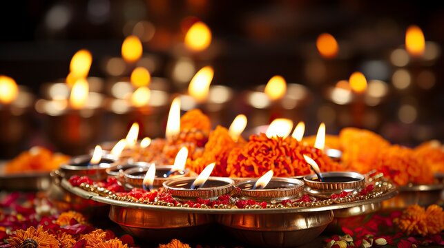 an image of a diya and small lanterns on an orange background ,Diwali, Maha shivatri, Decoration for Puja
