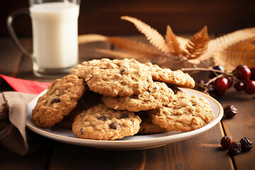 Plate with tasty oatmeal cookies and glass of milk  on wooden table, closeup