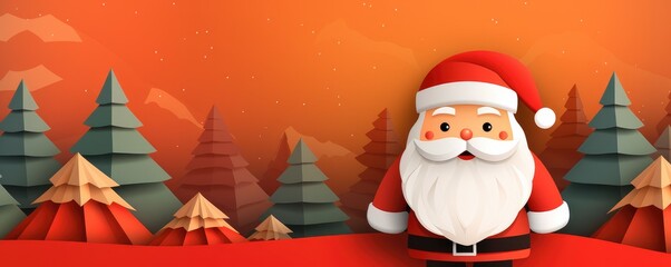 Santa Claus living in winter forest, christmas greeting card illustration panorama banner. Generative Ai.