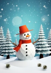 Fototapeta premium Snowman in winter forest, christmas greeting card illustration. Generative Ai.