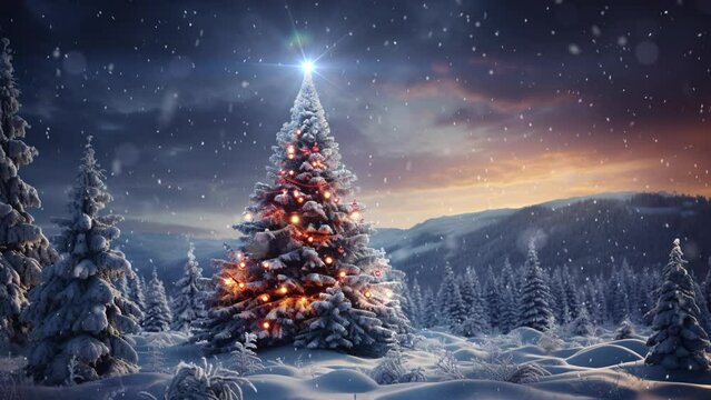 Christmas scene with copy space. Christmas tree in the winter forest. Beautiful winter landscape with Christmas tree.. Snowfall. Loop. Space for text. 