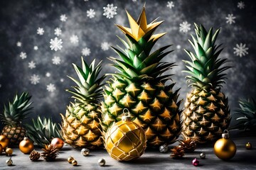 Christmas tree made of pineapple and christmas bauble decoration. Holiday concept