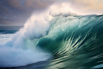 A big wave in the ocean. Tsunami. Water blue background. Sea wave for surfing. View from inside.
