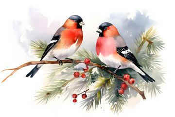 Bullfinch, watercolor drawing. Winter clipart, a bird sitting on a branch. White background. - obrazy, fototapety, plakaty