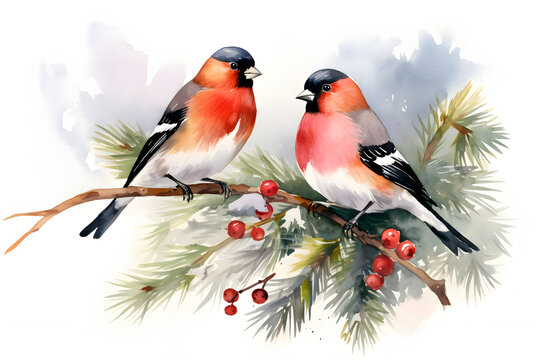 Bullfinch, watercolor drawing. Winter clipart, a bird sitting on a branch. White background.