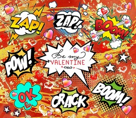 Valentines day comics. Holiday illustration with cartoon, collage, lettering. Holiday  clipart.