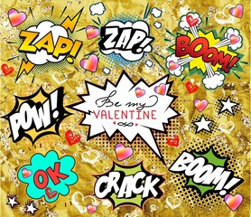 Valentines day comics. Holiday illustration with cartoon, collage, lettering.