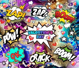 Valentines day comics. Holiday illustration with cartoon, collage, lettering.