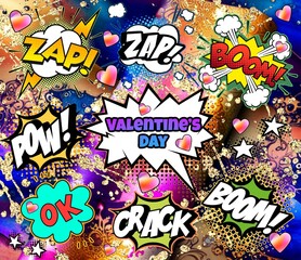 Valentines day comics. Holiday illustration with cartoon, collage, lettering, stickers elements.