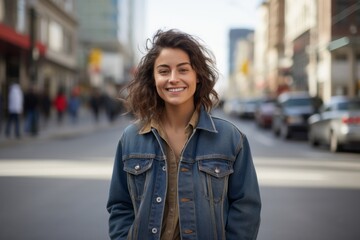 Fototapeta premium Portrait of a happy woman in her 30s sporting a rugged denim jacket against a bustling city street background. AI Generation