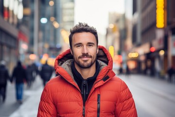 Portrait of a happy man in his 30s donning a durable down jacket against a bustling city street background. AI Generation