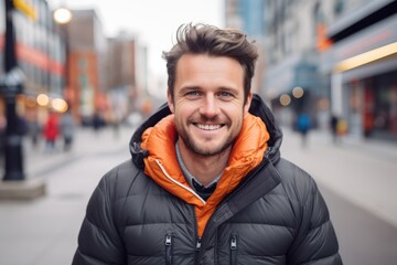Fototapeta premium Portrait of a happy man in his 30s donning a durable down jacket against a bustling city street background. AI Generation