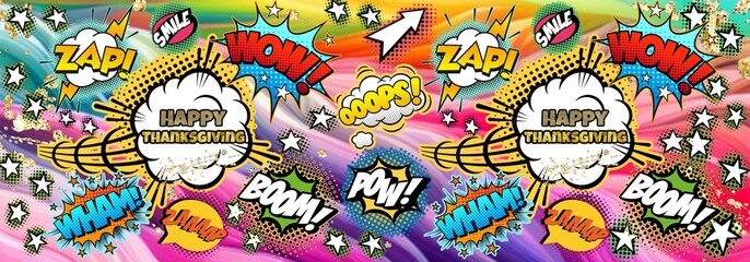 Obraz premium Happy Thanksgiving horizontally illustration with comics , retro, vintage elements.