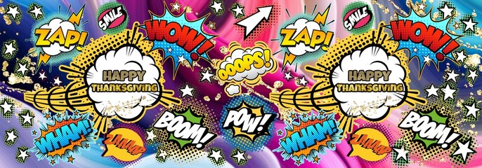 Fototapeta premium Happy Thanksgiving horizontally illustration with comics , retro, vintage elements.