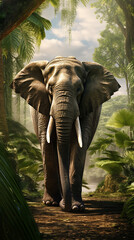 elefante no fundo fresco da selva exótica - obrazy, fototapety, plakaty