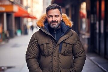 Portrait of a satisfied man in his 40s donning a durable down jacket against a bustling city street background. AI Generation