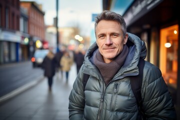 Fototapeta premium Portrait of a satisfied man in his 40s donning a durable down jacket against a bustling city street background. AI Generation