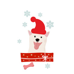 Merry Christmas illustration with funny dog. Lettering, watercolour clipart with Santa hat, snowflakes, red gift box.