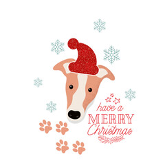 Merry Christmas illustration with funny dog. Lettering, watercolour clipart with Santa hat, snowflakes.