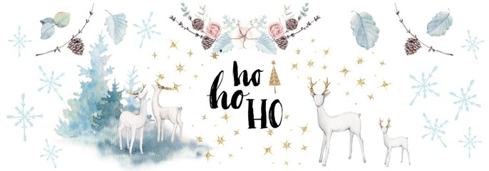 Watercolour horizontal pattern with forest deer, lettering, floral, gold snowflakes, Holiday, Christmas, New year illustration.
