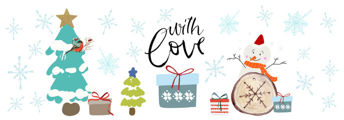 Christmas, New Year, Holiday, Thanksgiving, winter watercolour illustration. Funny snowman with gift boxes, Christmas tree, snowflakes. Horizontally pattern.