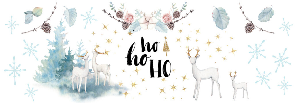 Holiday, Christmas, New year, winter horizontally illustration with watercolour deers, flowers, snowflakes. Gold elements. 