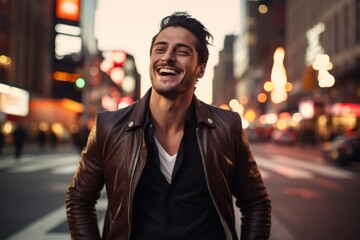 Fototapeta premium Portrait of a joyful man in his 20s sporting a stylish leather blazer against a bustling city street background. AI Generation
