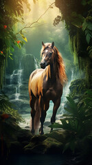 cavalo em fundo de selva exótica fresca, - obrazy, fototapety, plakaty