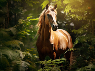 cavalo em fundo de selva exótica fresca,
