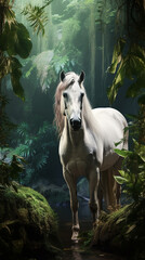 cavalo em fundo de selva exótica fresca, - obrazy, fototapety, plakaty