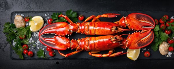 Boiled lobster with spices and herbs on black slate table. Sea food. Generative ai - obrazy, fototapety, plakaty