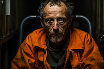 Obraz premium Dramatic portrait of a homeless man with tattoos on his arms sitting at a table in a dark room. Portrait of an elderly man in an orange clothes in the jail. AI