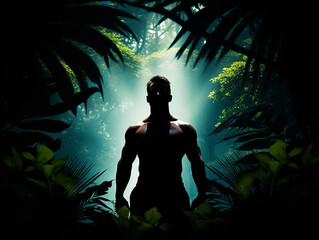 fisiculturista fitness em fundo de selva exótica fresca, - obrazy, fototapety, plakaty