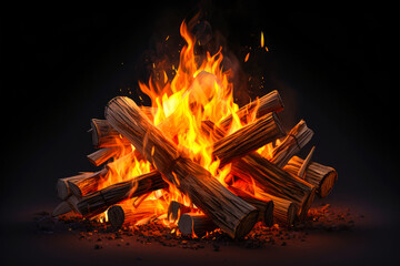Burning firewood on black background