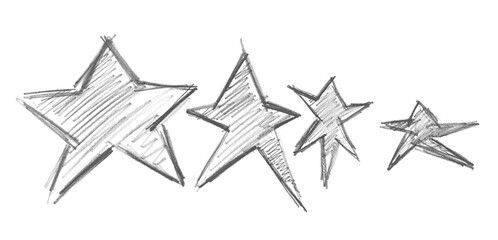 Set different stars, hatched hand draw graphite pencil isolated on white