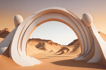 Surreal desert landscape with white oval portal on soft sunny background. AI generated