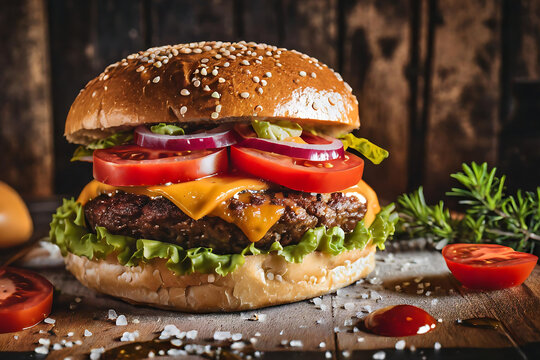 Delicious beef burger on wooden table images