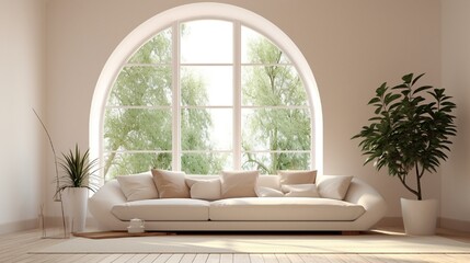 Picture a minimalist living room with a curved sofa resting gracefully under an arched window, the beige walls creating Ample copy space allows for artistic exploration and interior design creativity.