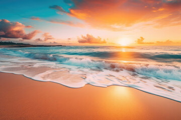 Naklejka na ściany i meble Tropical beach and and golden sunrise sky