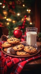 cookies with pieces of chocolate and milk in a glass on a plate, vertical