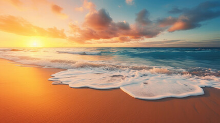 Naklejka na ściany i meble Tropical beach and and golden sunrise sky