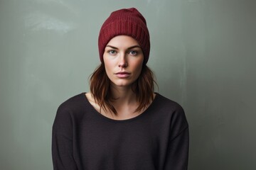 Portrait of a content woman in her 30s donning a warm wool beanie against a minimalist or empty room background. AI Generation