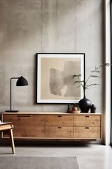 Picture a stylish Scandinavian home interior with a wooden cabinet and dresser against a raw concrete backdrop. 