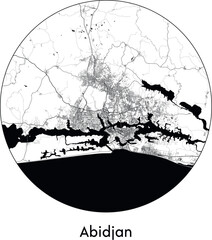 Minimal City Map of Abidjan (Ivory Coast, Africa) black white vector illustration