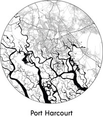 Minimal City Map of Port Harcourt (Nigeria, Africa) black white vector illustration