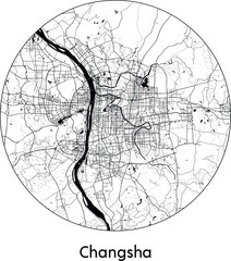 Minimal City Map of Changsha (China, Asia) black white vector illustration